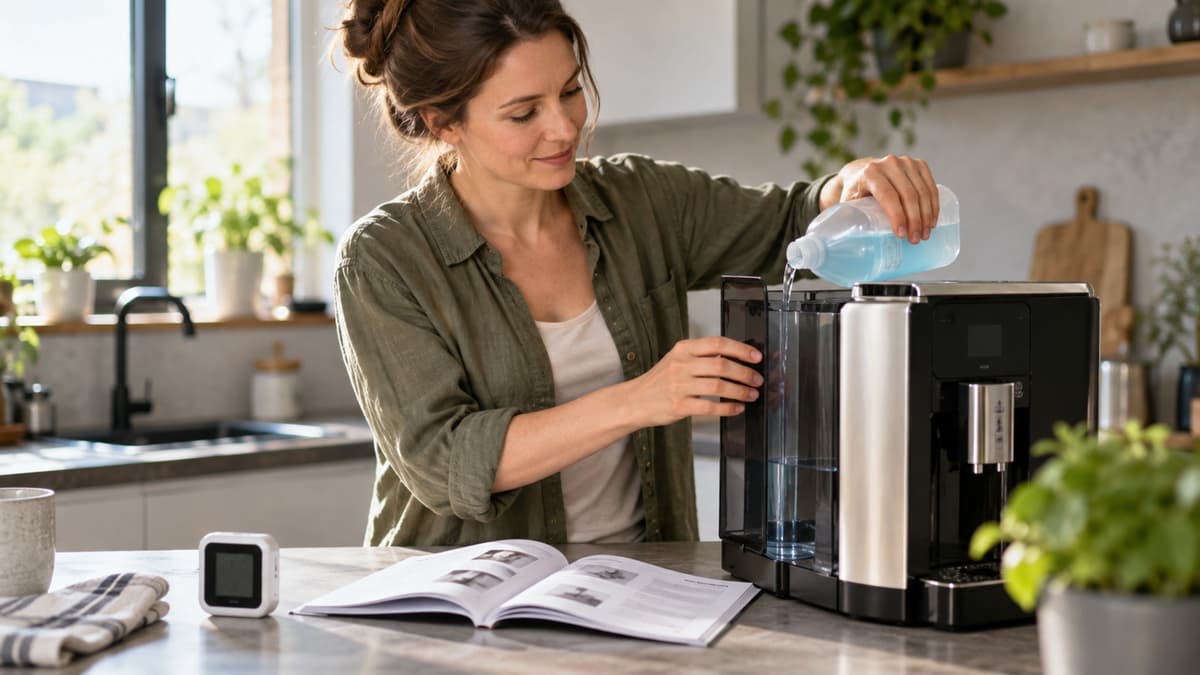 Flüssigentkalker und Wasserhärte-Test neben Siebträger und Wasserkocher