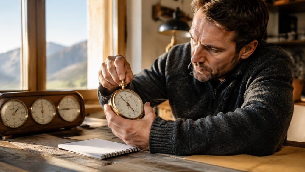 Analoges Barometer an der Wand wird mit Justierschraube eingestellt