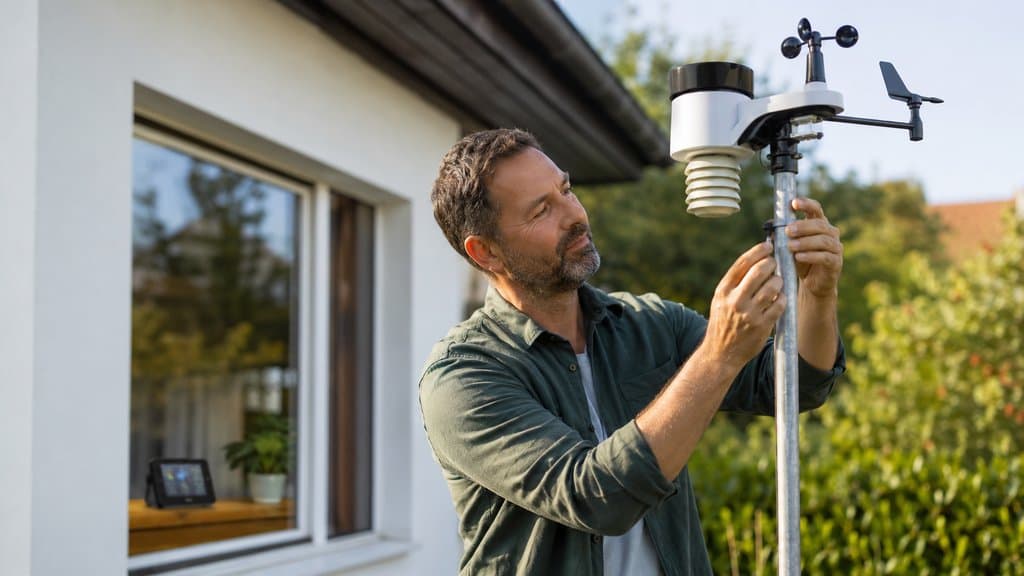 Wetterstation-Außensensor mit Windmesser und Regentrichter auf einem Mast