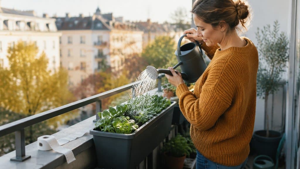 Balkonkästen mit Feldsalat und Herbstsalat im Herbstlicht
