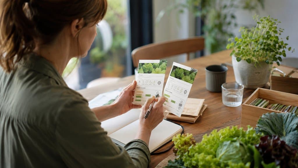 Saatguttüten mit EU-Bio-Hinweis und Sortenangabe für Feldsalat und Salat