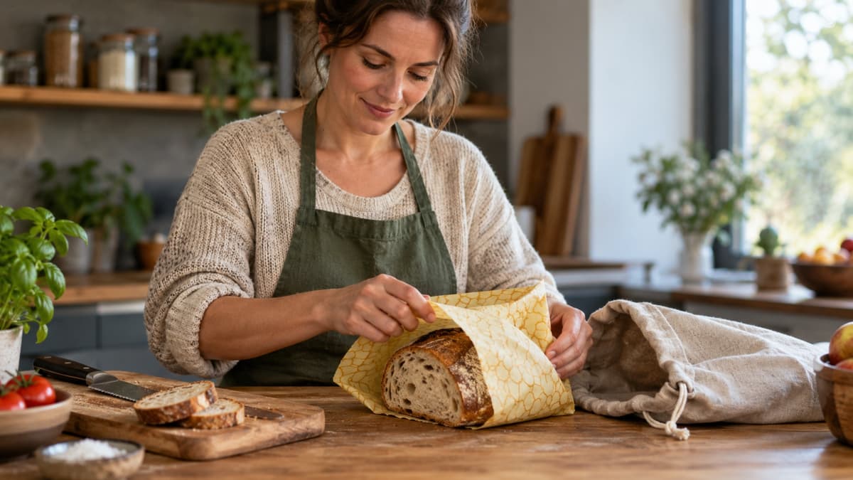 Laib Brot in Stoffbeutel und Bienenwachstuch auf Holzbrett