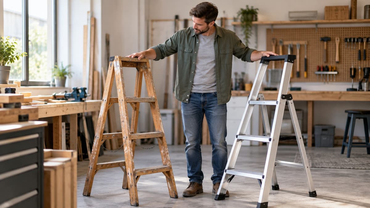 Holzleiter und Aluminiumleiter stehen nebeneinander in einer Werkstatt