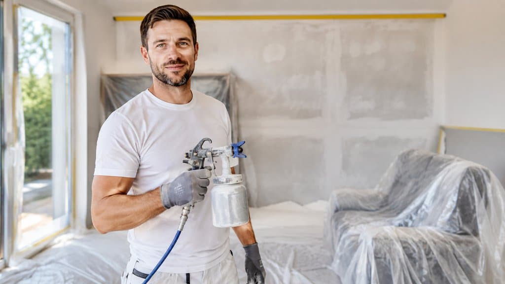 Farbspritzgerät und abgedecktes Zimmer vor dem Spritzen einer Wand