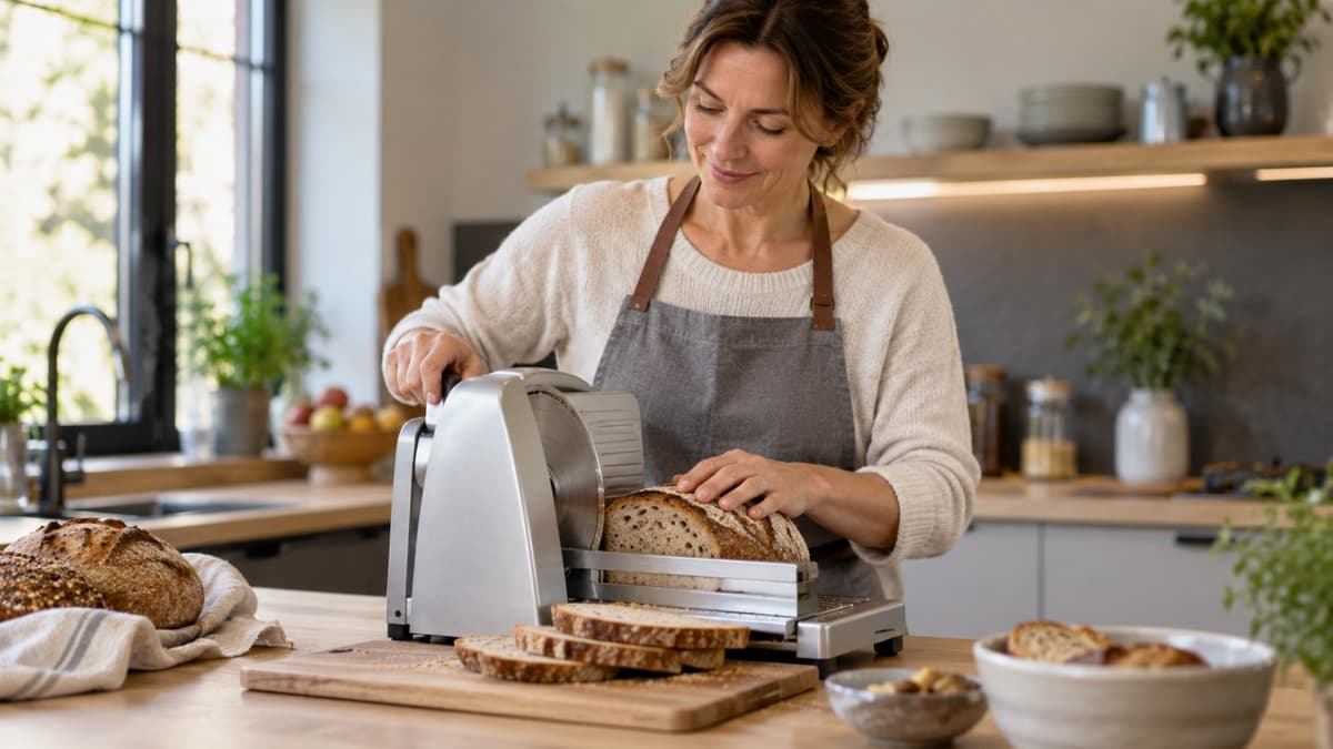 Elektrische und manuelle Brotschneidemaschine neben frischem Brotlaib auf der Arbeitsplatte