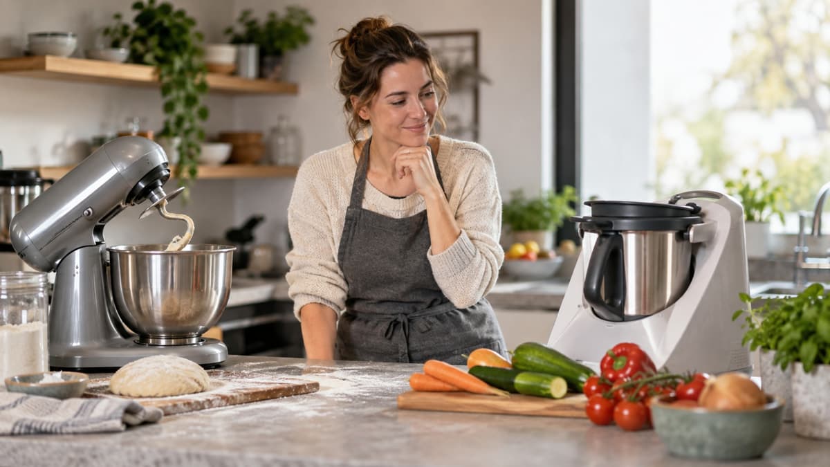 Klassische Küchenmaschine und Kochmixer-Konzept auf einer Küchenarbeitsfläche