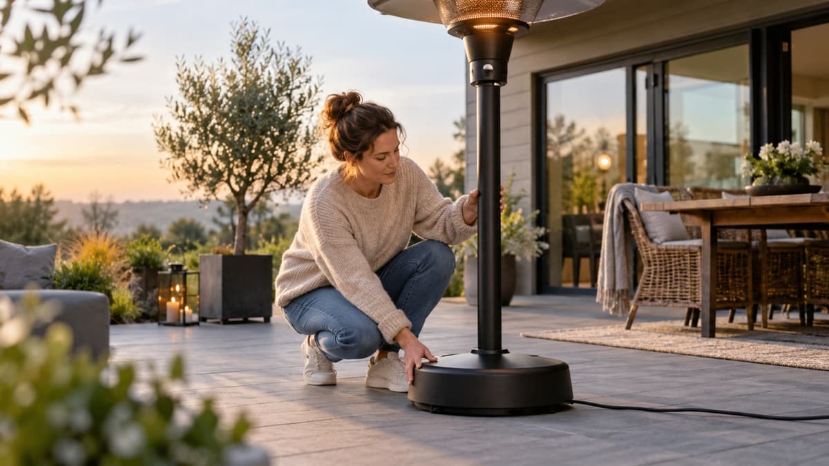 Gas-Heizpilz und elektrischer Standstrahler auf einer Terrasse im Vergleich