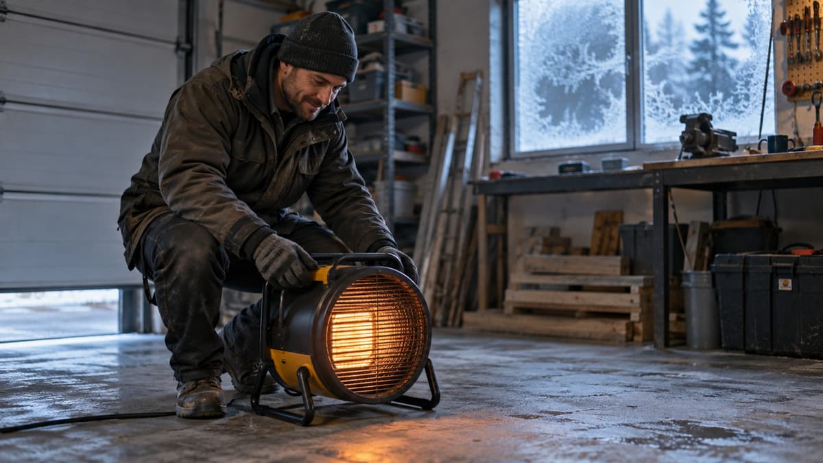 Person stellt in einer kühlen Werkstattgarage ein mobiles Elektro-Heizgebläse auf, im Hintergrund Frost am Fenster