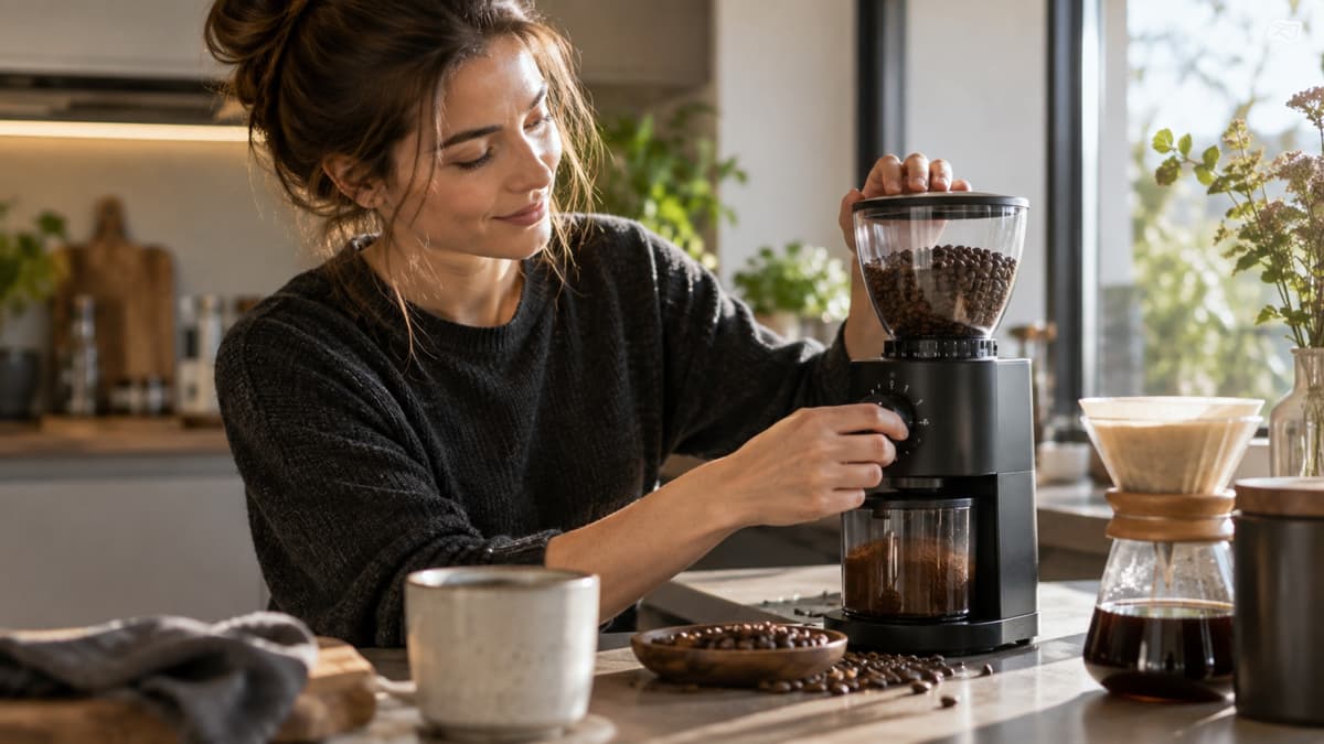 Person stellt den Mahlgrad an einer Kaffeemühle ein, frisch gemahlenes Kaffeemehl ist sichtbar