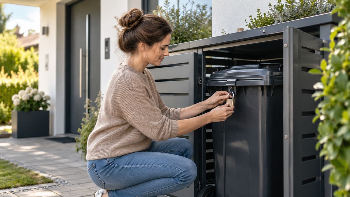 Gesicherte Mülltonnen in einer belüfteten Box neben dem Haus