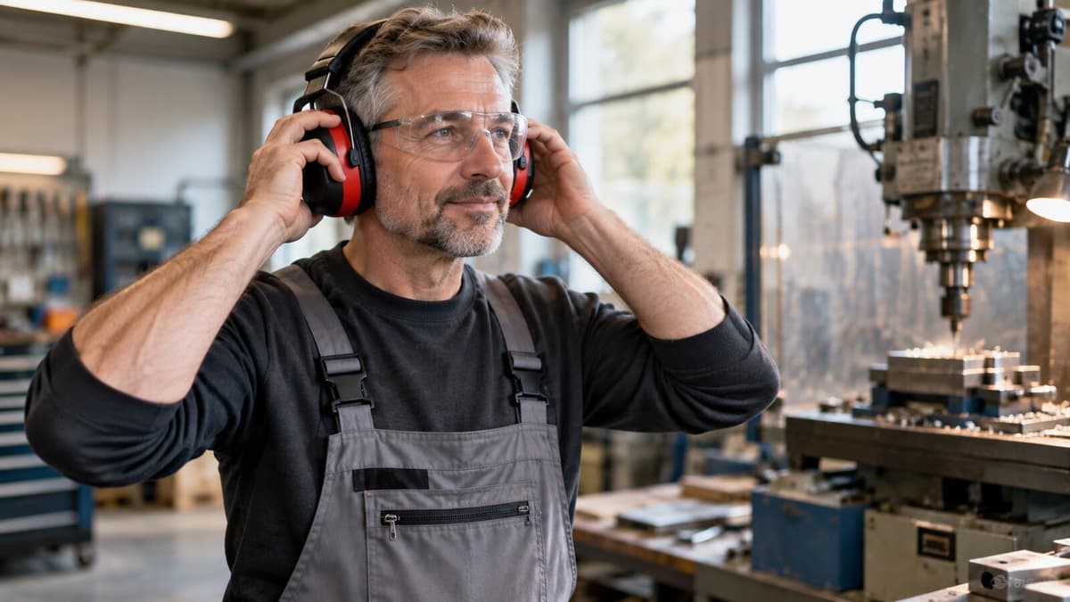 Beschäftigter mit Kapselgehörschutz an einer lauten Werkstattmaschine