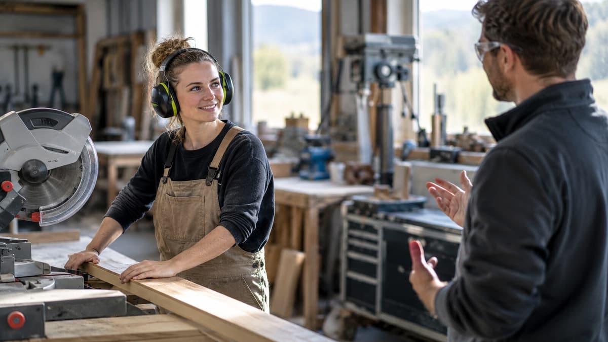Arbeiter hebt seinen Kapselgehörschutz an, um einen Kollegen zu verstehen