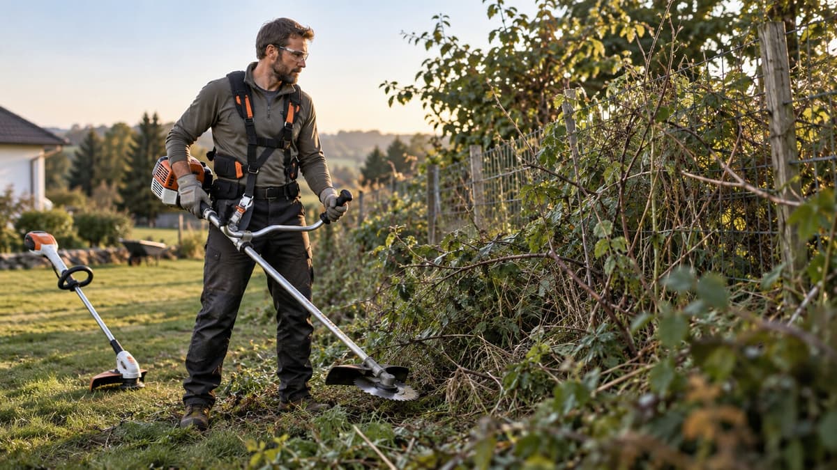 Person vor holzigem Wildwuchs am Zaun entscheidet sich für den robusten Freischneider statt des leichten Rasentrimmers