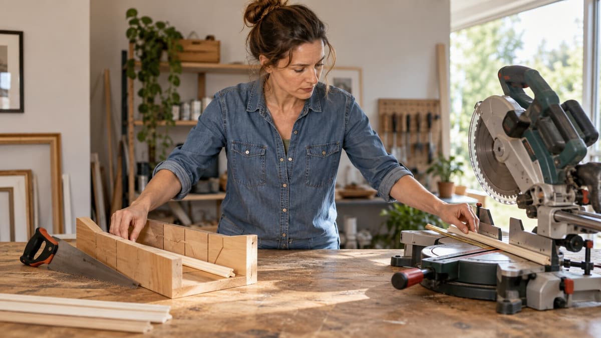 Heimwerker vergleicht Gehrungslade mit Handsäge und Kappsäge anhand einer schmalen Rahmenleiste