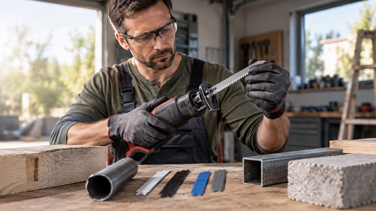 Person wechselt an einer Säbelsäge das Blatt, während Werkstücke aus Holz und Metall bereitliegen