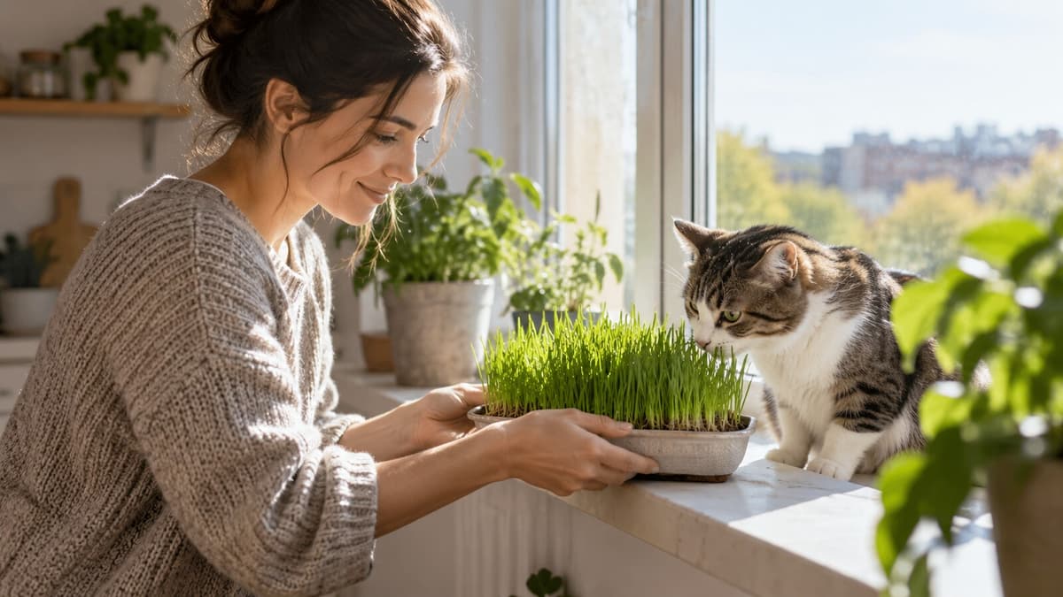 Person stellt eine Schale mit frischem Katzengras auf die Fensterbank, daneben Anzuchttöpfe und eine kleine Pflanzenlampe
