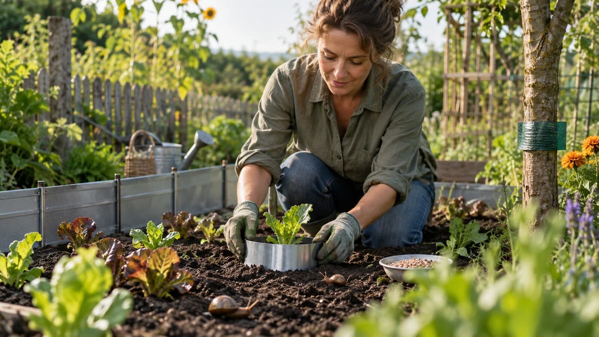 Gartenbeet mit Schneckenschutz und Obstbaum mit Leimring