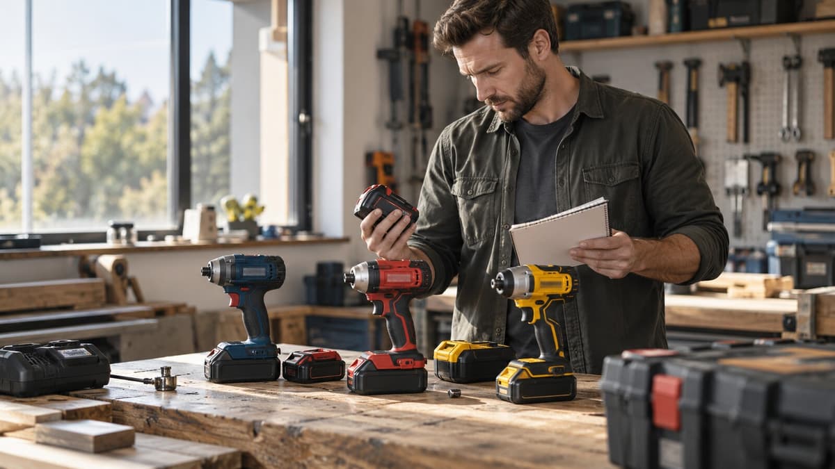 Heimwerker vergleicht Bosch-, Einhell- und DeWalt-Akkusysteme auf der Werkbank