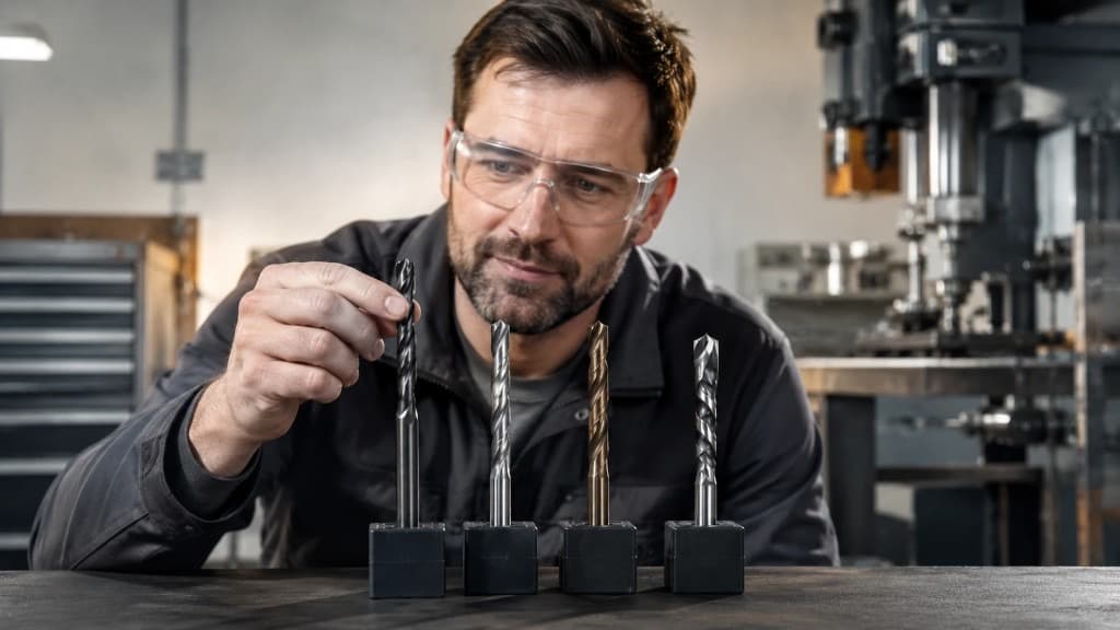 Verschiedene Metallbohrer aus HSS und Hartmetall auf Werkbank