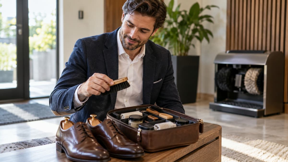 Person vergleicht ein Schuhputzset auf dem Tisch mit einer Schuhputzmaschine