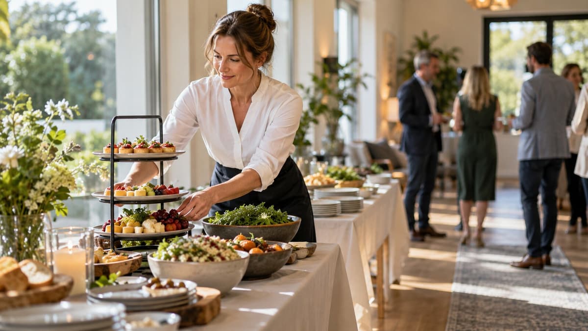 Person baut Buffet mit Etagere und Schüsseln auf und prüft Laufwege