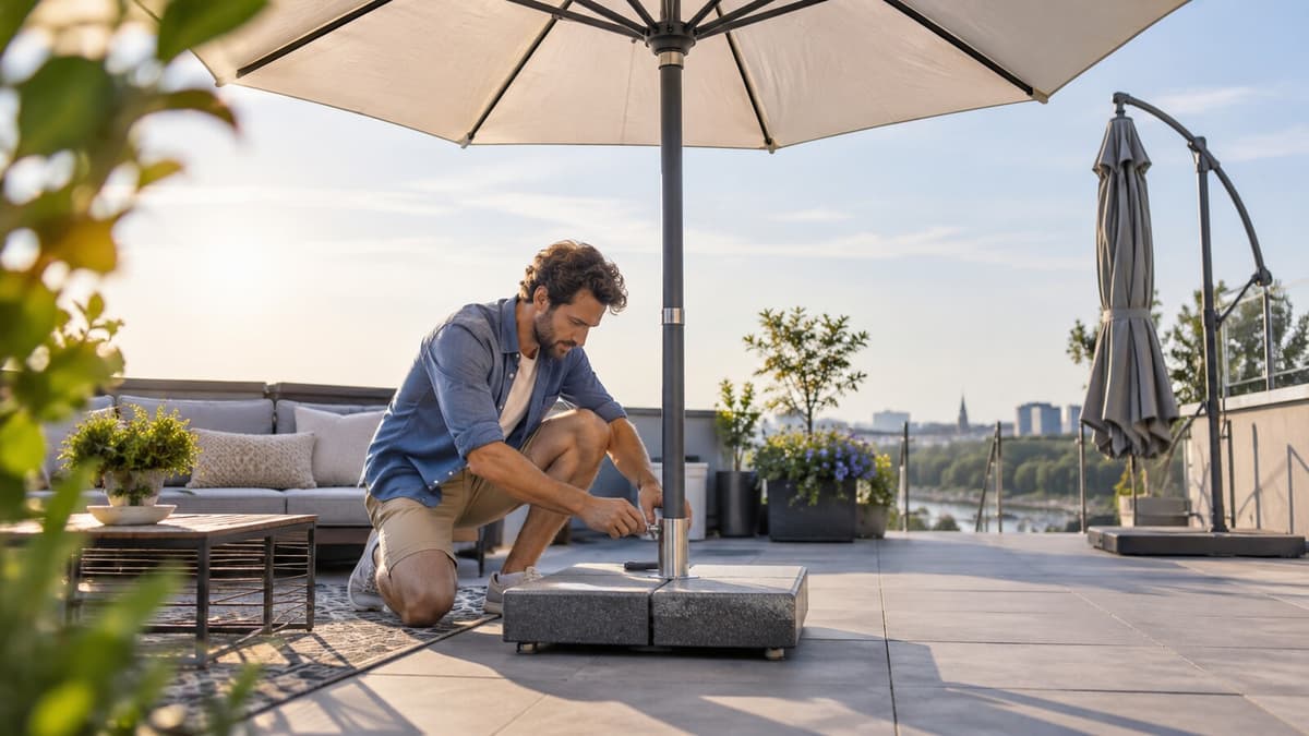 Leere Dachterrasse mit Attika, kein Ampelschirm, Blick in den Wind