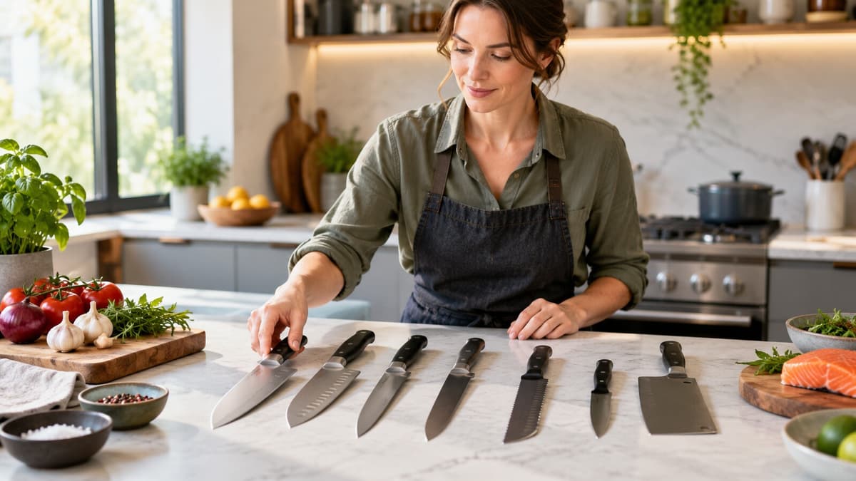 Verschiedene spezielle Küchenmesser für Brot, Fleisch, Gemüse und Fisch auf einer Arbeitsfläche