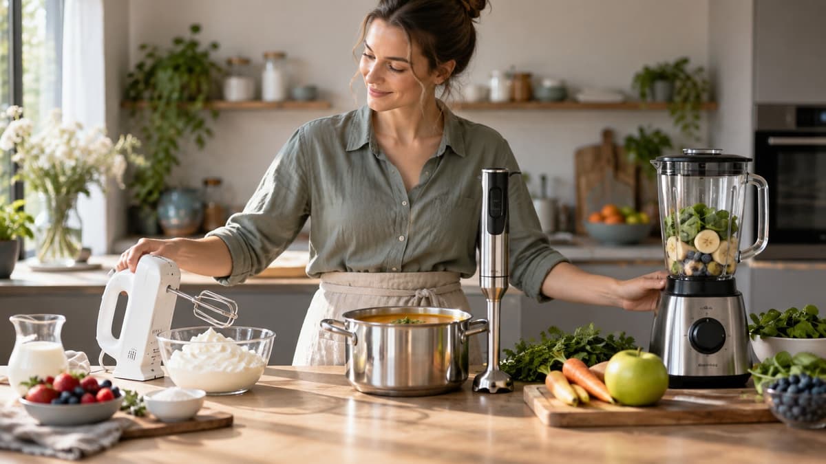Mehrere Stand-, Stab- und Handmixer verschiedener Marken auf einer Küchenzeile