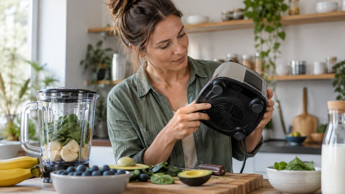Typenschild mit Wattangabe an einem Standmixer neben Smoothie-Zutaten