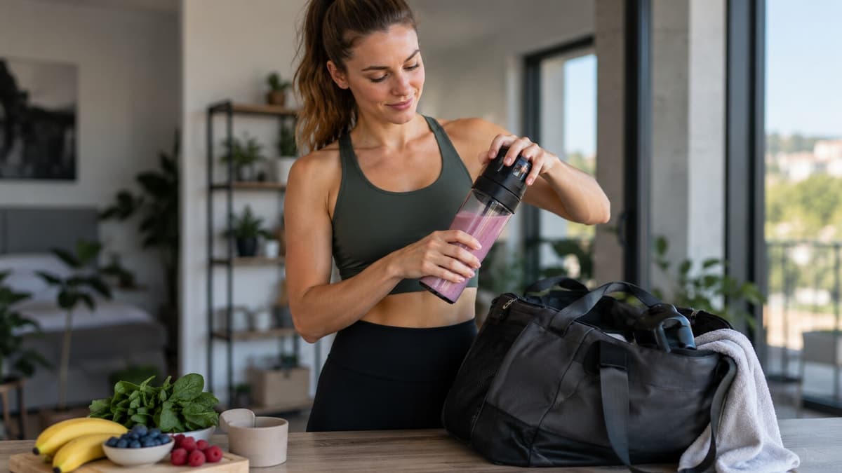 Akkubetriebener To-Go-Mixerbecher in einer Sporttasche neben einem Proteinshaker