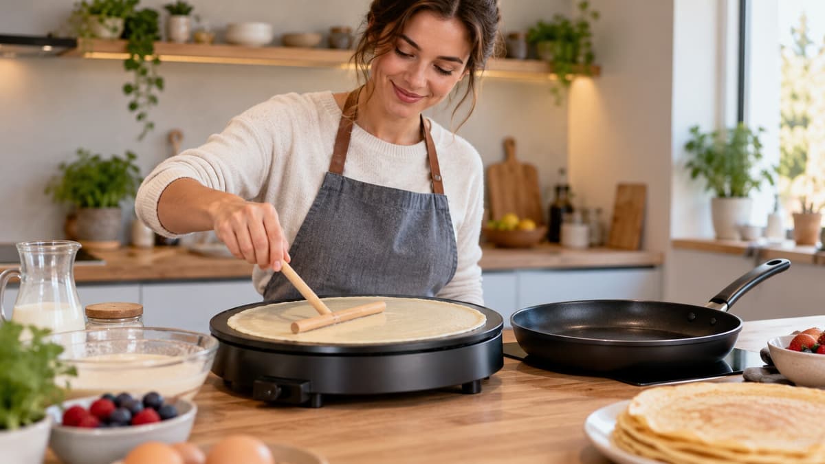 Crepes-Maker und flache Crepes-Pfanne mit Teigverteiler auf einer Arbeitsplatte