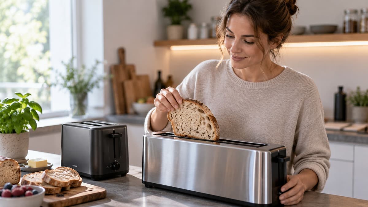 Langschlitztoaster und kompakter Toaster nebeneinander auf einer Küchenzeile