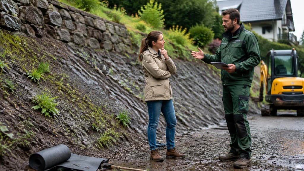Person am Fuß eines rutschigen Gartenhangs spricht mit einem Landschaftsgärtner, ungenutzte Vliesrolle liegt am Rand
