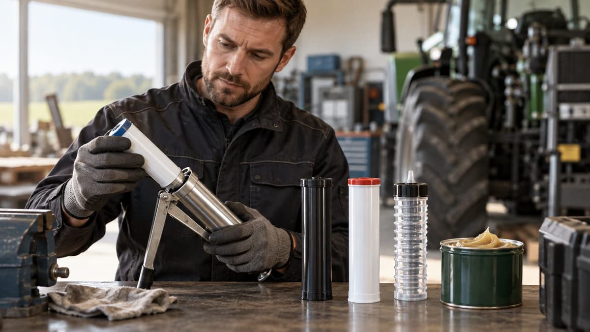 Unterschiedliche Fettkartuschen-Systeme neben einer Fettpresse