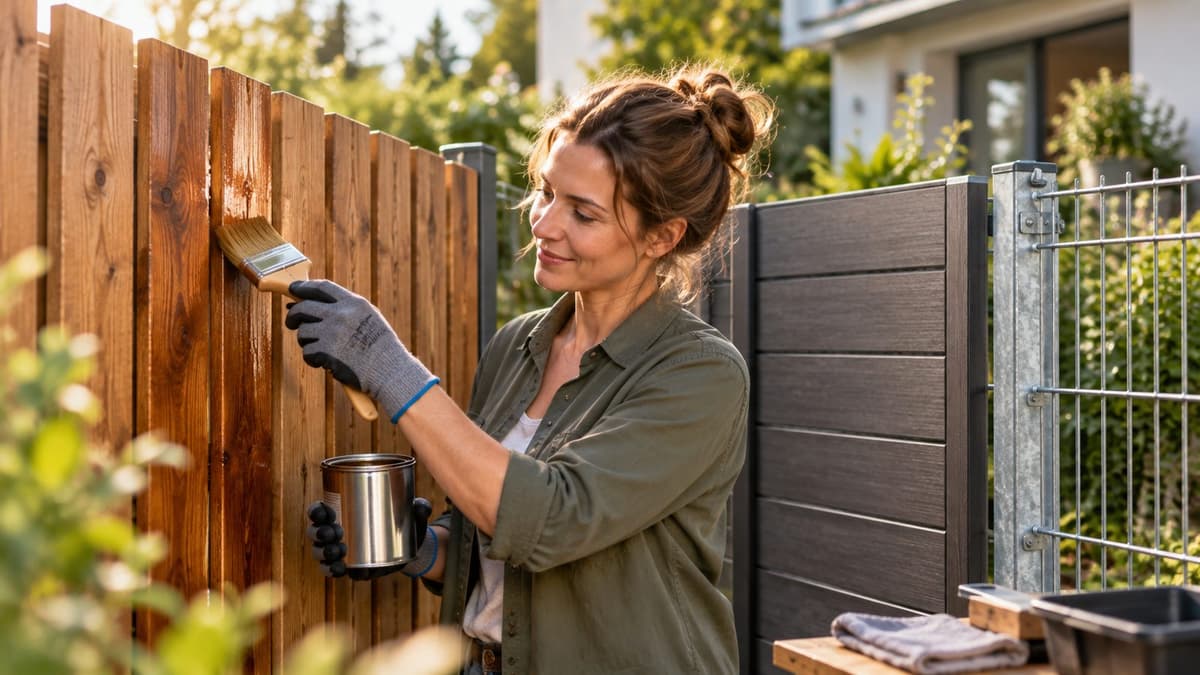 Holzzaun, Bambusmatte und verzinkte Matte nebeneinander im Gartenlicht