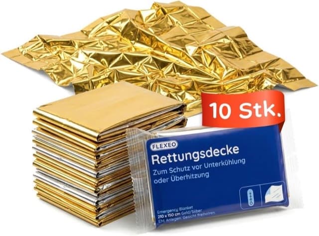 FLEXEO Rettungsdecke Gold/Silber 210×160 cm (10 Stück)