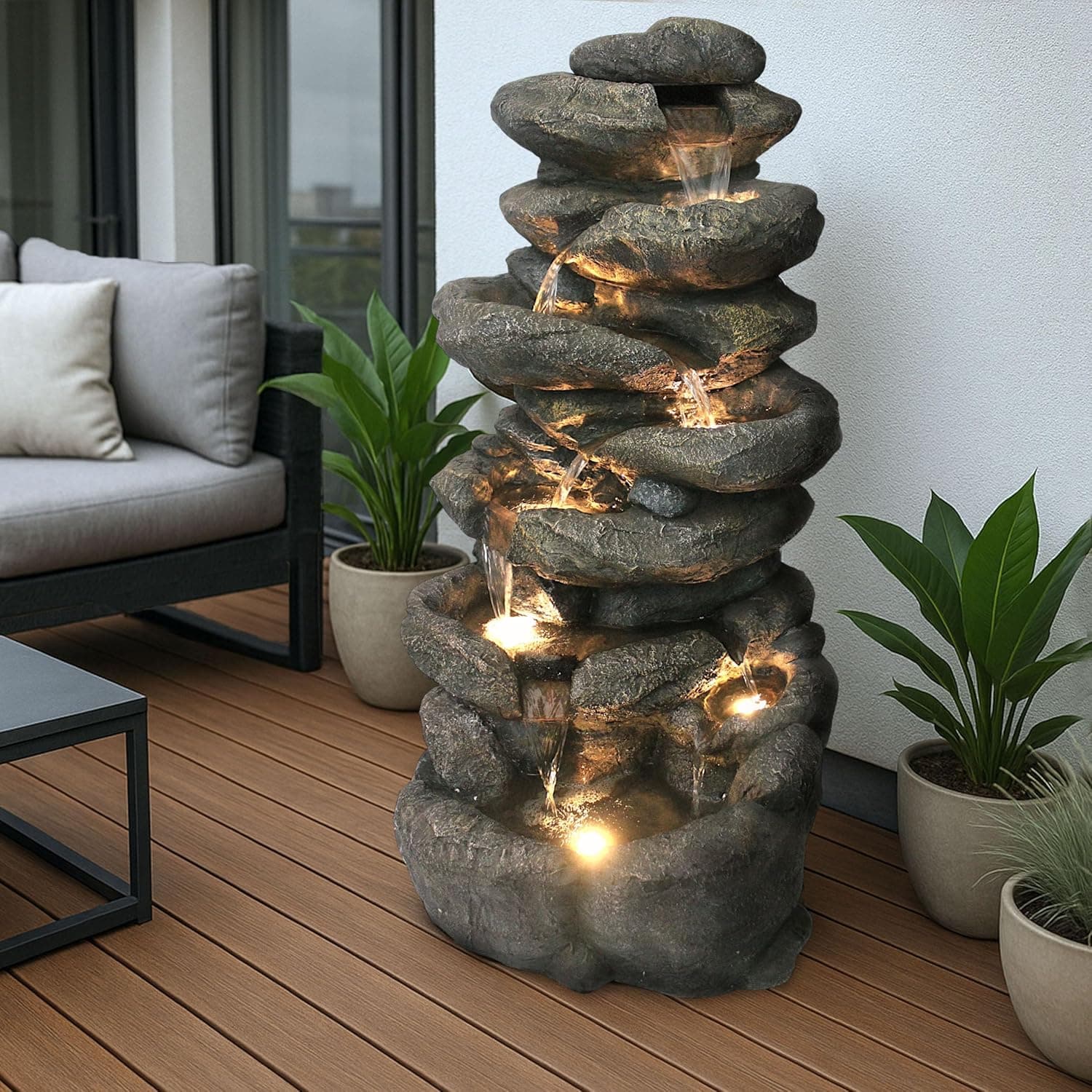 Arnusa Gartenbrunnen BK902 Felsen-Wasserfall 100 cm mit LED