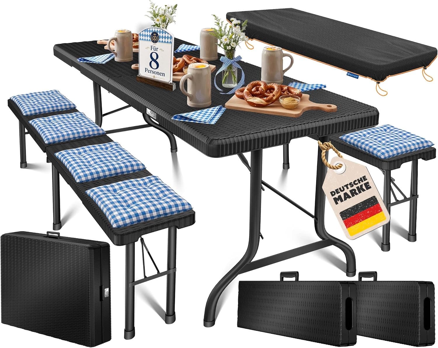 KESSER Bierzeltgarnitur Rattan-Look Schwarz
