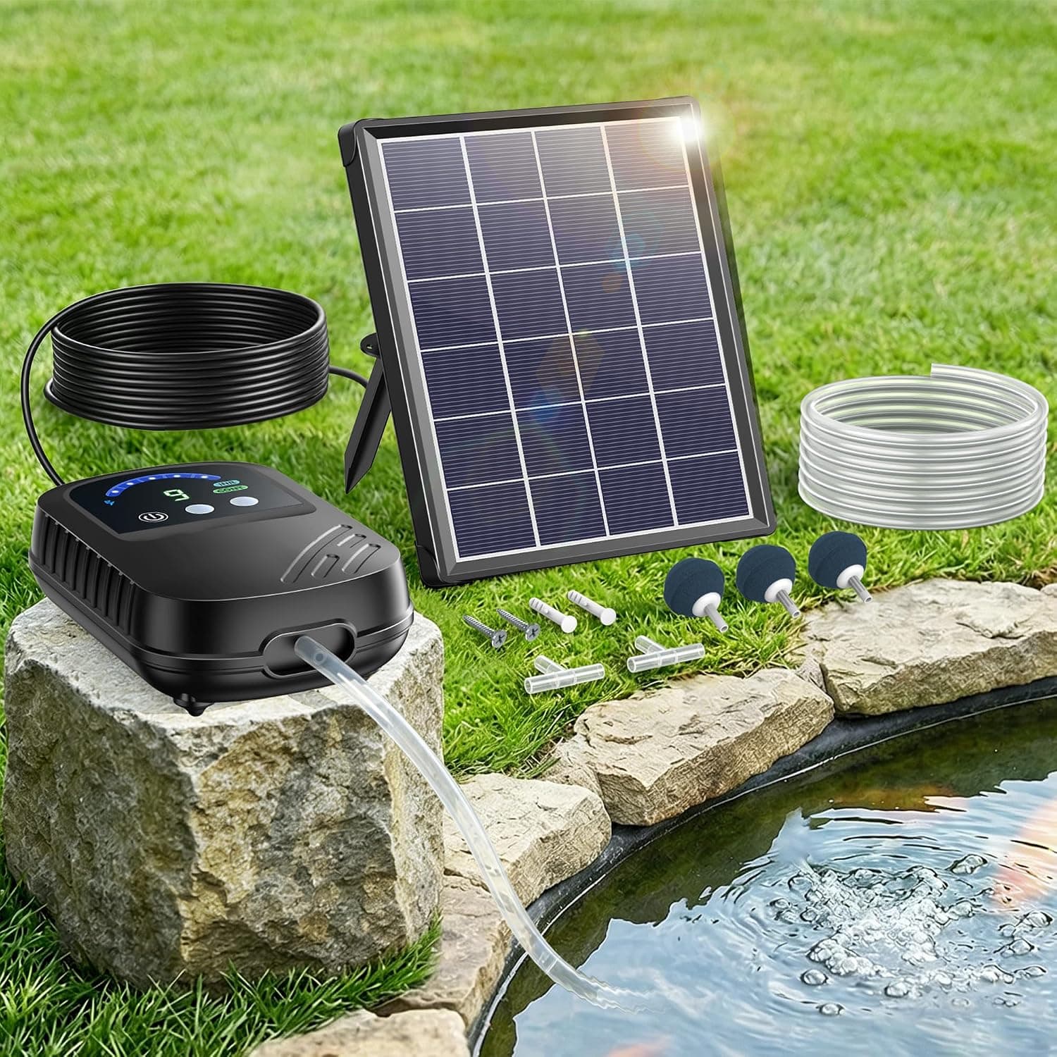 Biling 3W 90l/h Solar Teichbelüfter mit Akku für Außen Teiche bis 600L