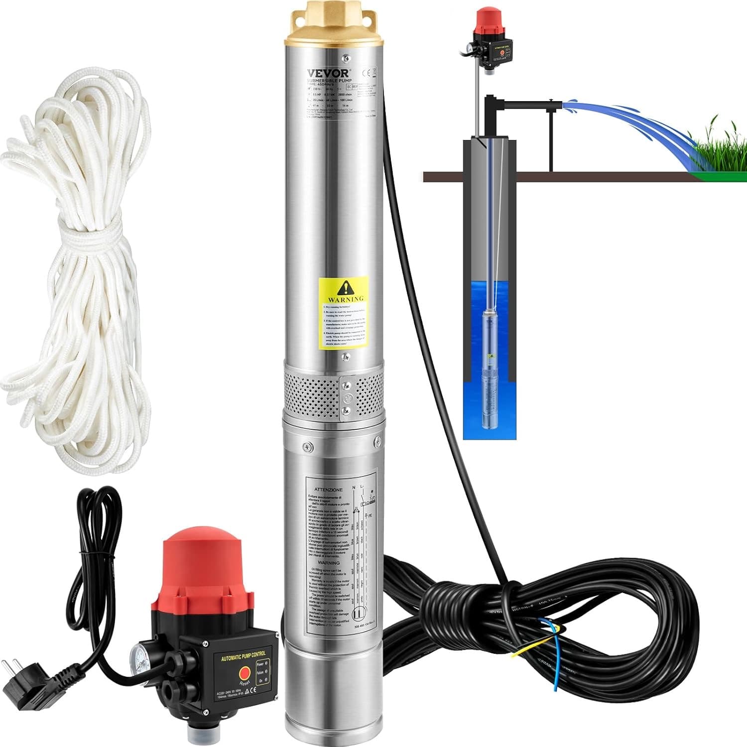VEVOR 3,5" Tiefbrunnenpumpe 750W mit Druckschalter