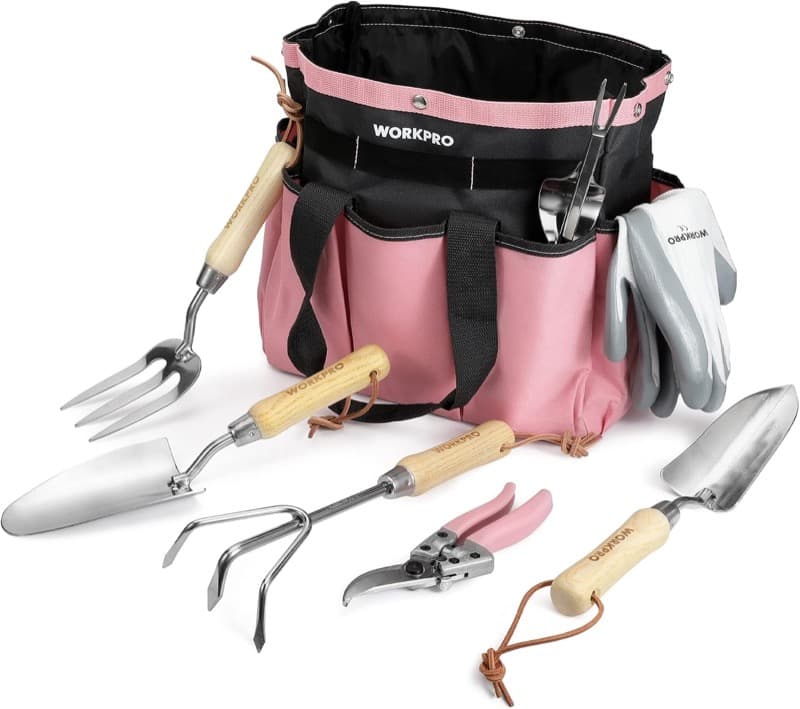 WORKPRO Gartenwerkzeug Set, 8 in 1 Rosa Gartengeräte mit Aufbewahrungstasche