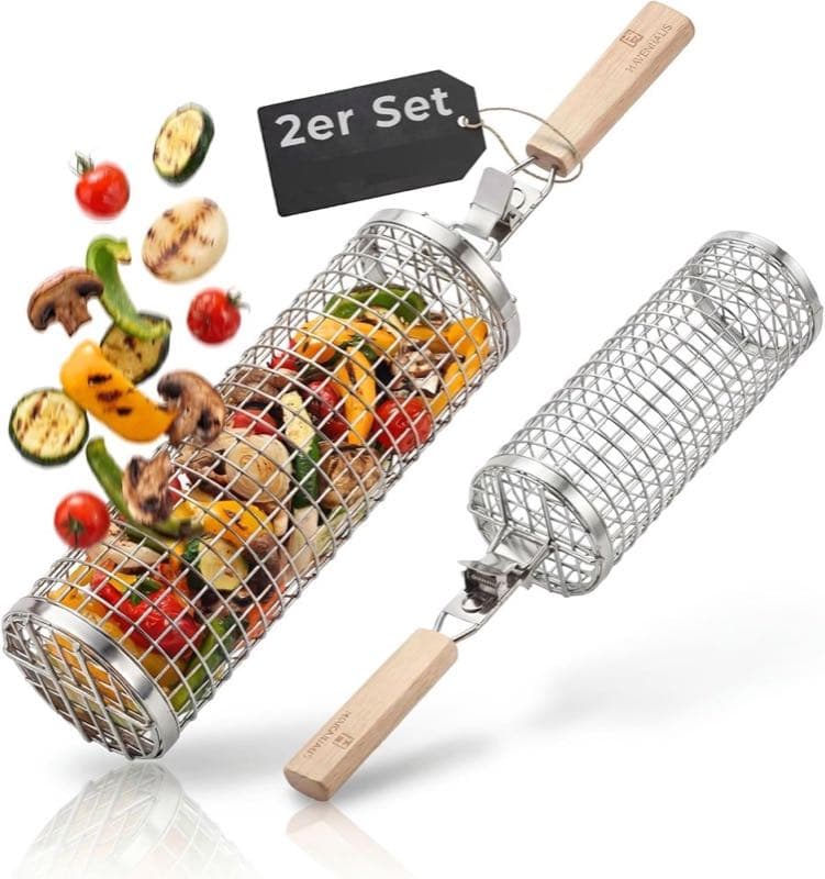 Havenhaus Grillkorb Set 2x rund mit Holzgriff