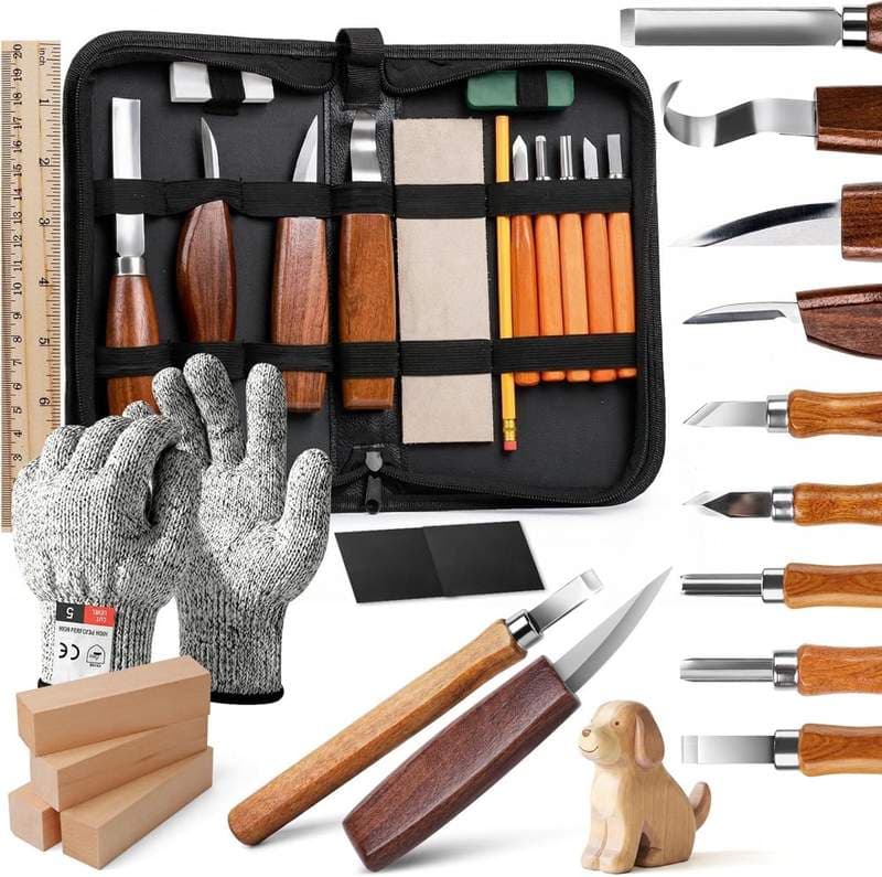 Anhow Schnitzset 23-teilig mit Handschuhen und Holz