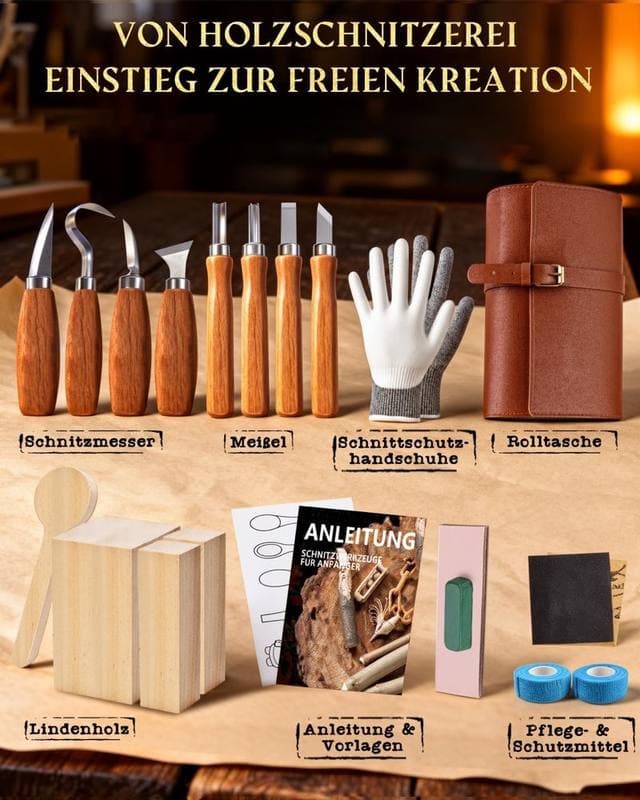 Bluvizo Schnitzset 25-teilig mit Holz und Handschuhen