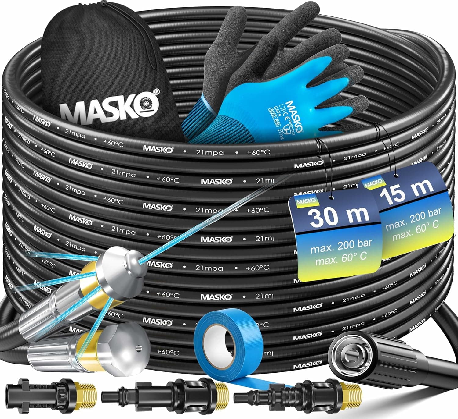 MASKO Rohrreinigungsschlauch Set 15m inkl. Handschuhe