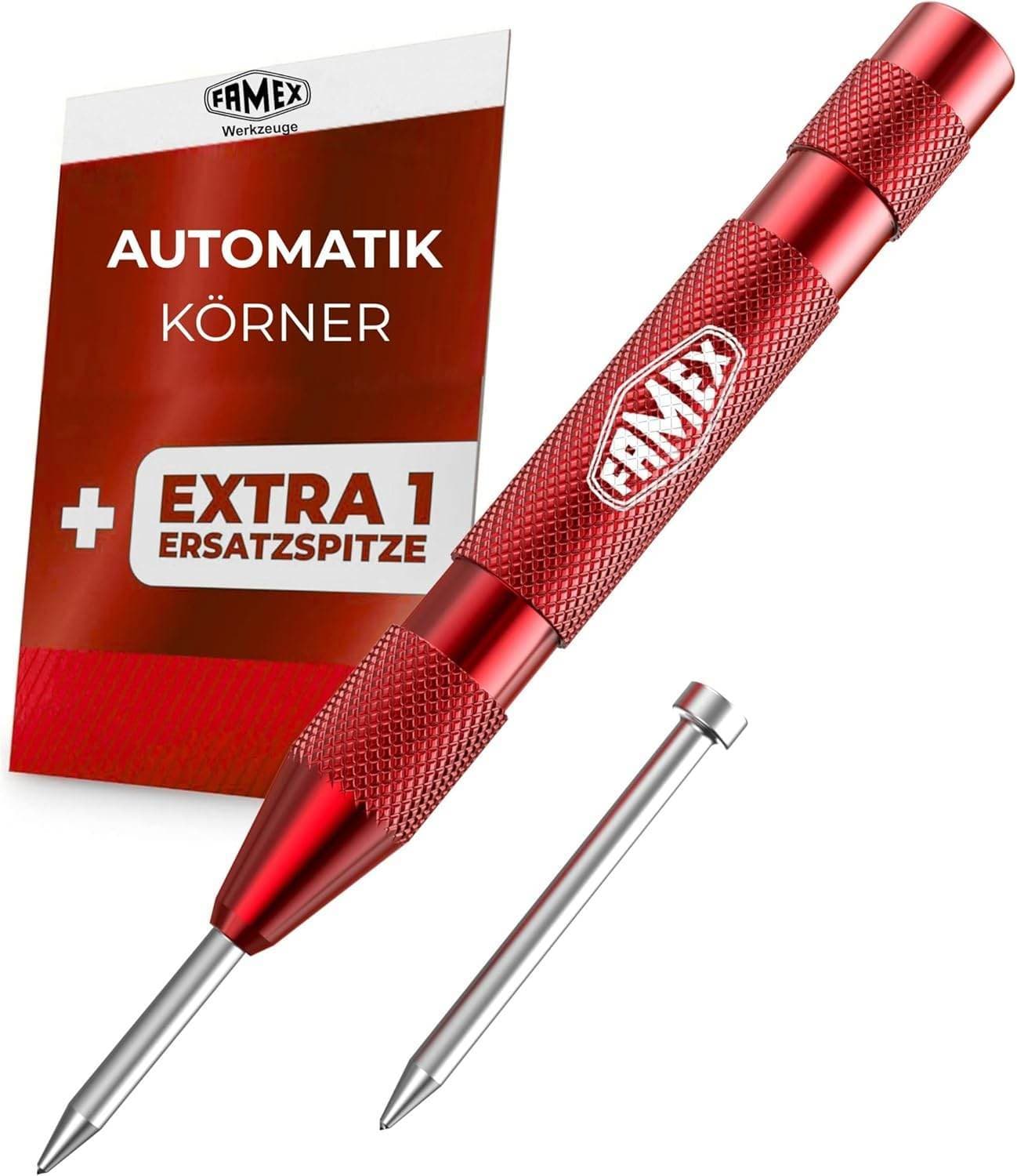 FAMEX Automatischer Körner 50100 N HSS Stahlspitze 130 mm Federkörner mit 1 Ersatzspitze A