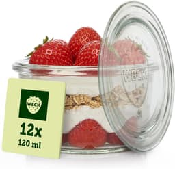 Weck Weck Gläser 120ml – 12er Set mit Deckeln – Sturzform – robuste, stapelbare Dessertgläser, Einkoch- & Einmachgläser – klein – Weckglas ideal für Nachtisch – Made in Germany