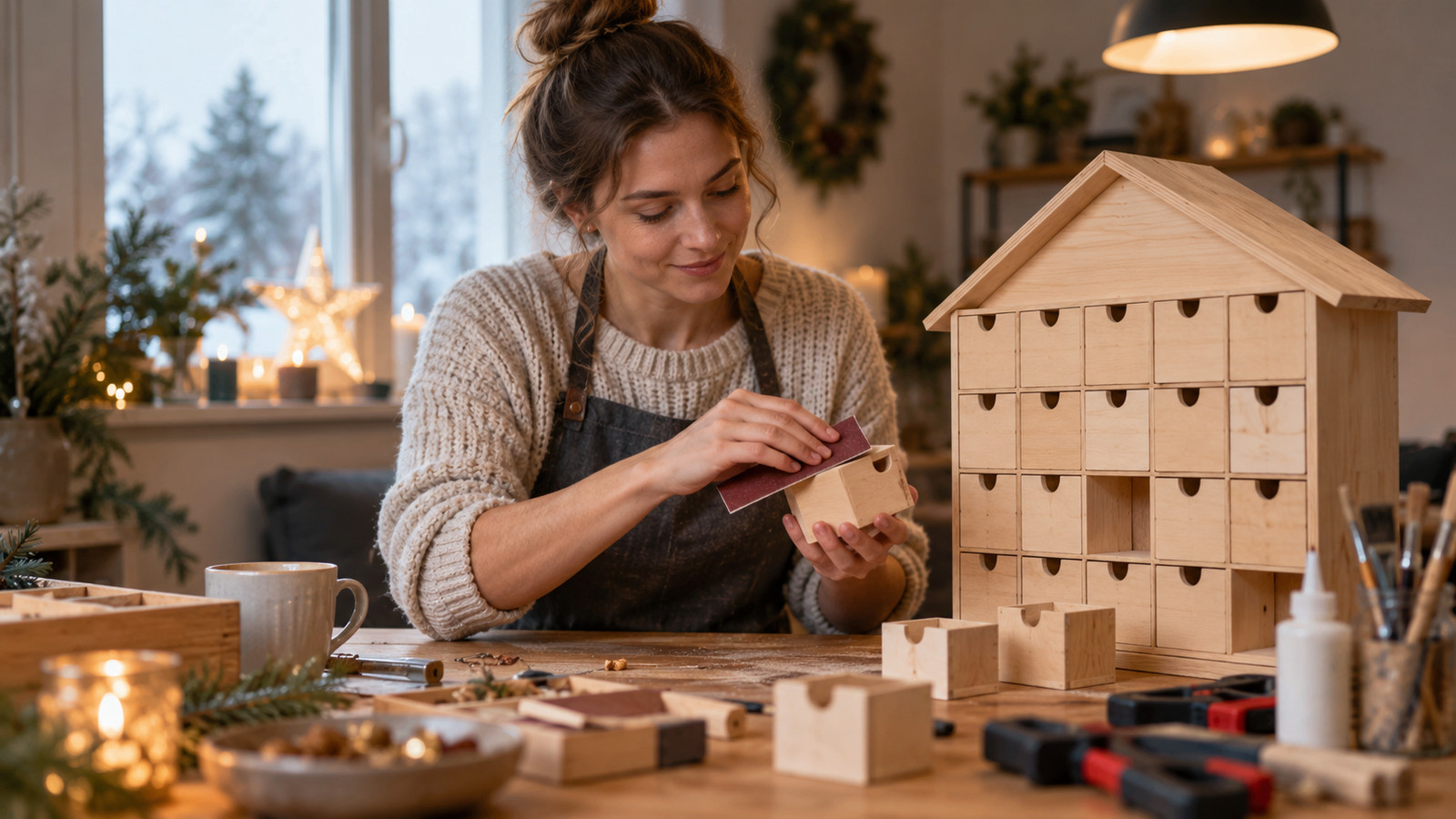 Selbst gebauter Holz-Adventskalender mit nummerierten Fächern