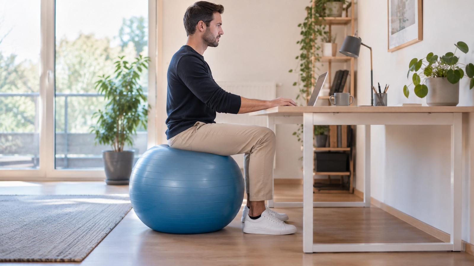 Person sitzt auf einem Gymnastikball, Füße flach auf dem Boden, Knie etwa im rechten Winkel