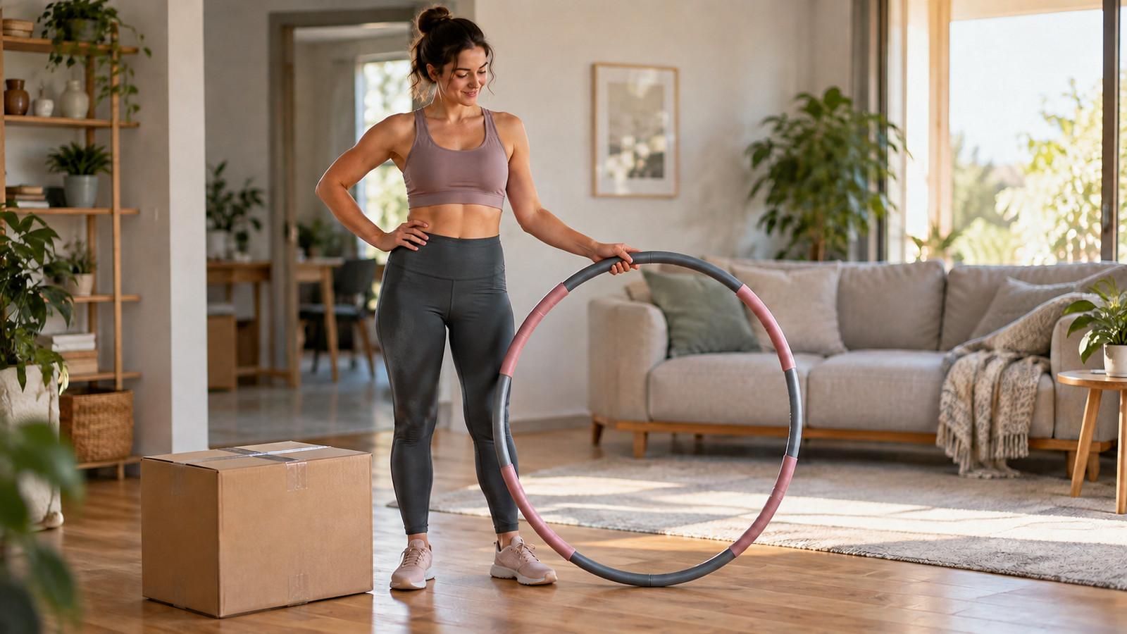 Hula-Hoop-Reifen aufrecht neben einer Person, Oberkante in Nabelhöhe